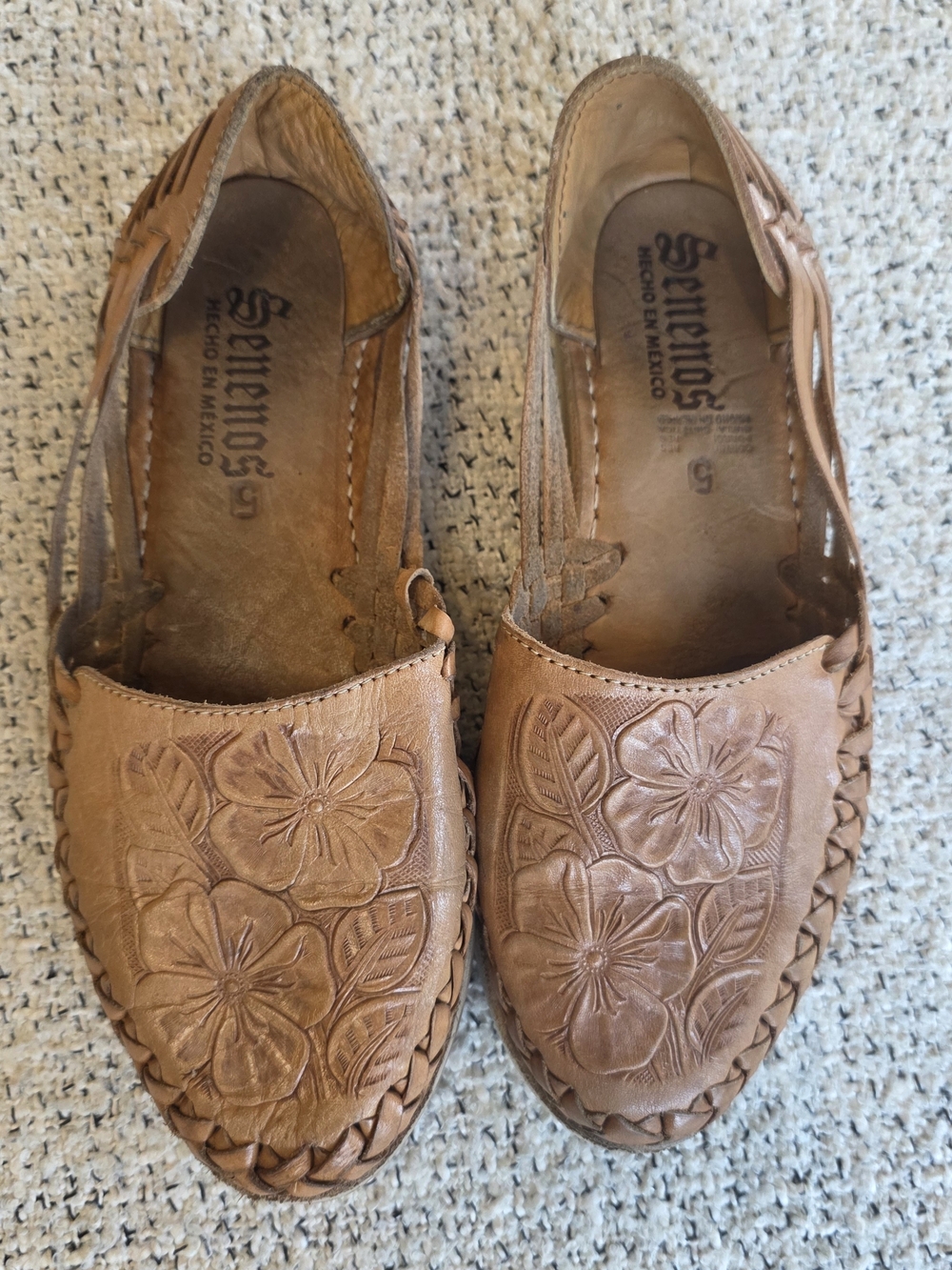 Sahuayo Huarache Leather Floral Tooled Woven Sandals Approx Size 8 US